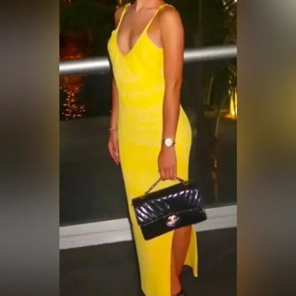 NWOT Revolve x House of Harlow 1960 Lemon Striped Ribbed Beaded Midi Dress small - Picture 2 of 9